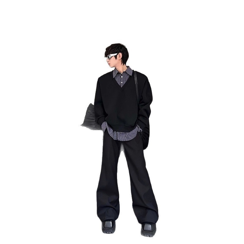 boy Boy Autumn Winter Niche Design Two-Piece Patchwork Sweatshirt Men's Korean Style Solid Color Versatile Loose Top_voghion.com