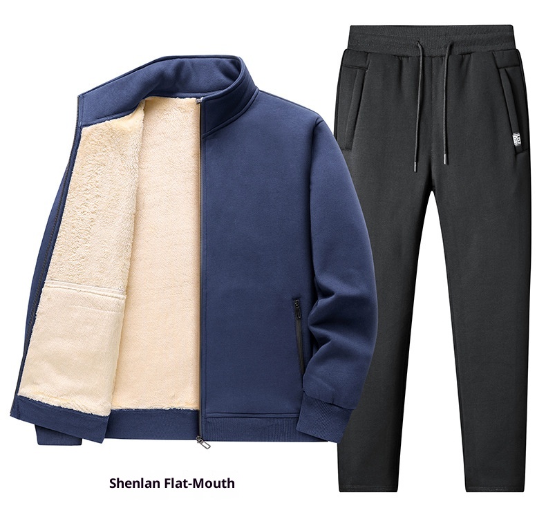 001 Fleece-Lined Thickened Lamb Wool Sports Suit For Men, Casual Stand Collar Sweatshirt, Running Nine-Point Long Pants,_voghion.com