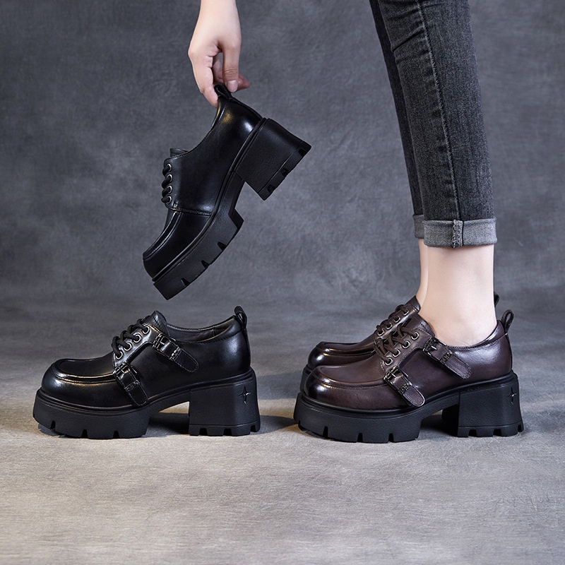 Mocassini JK con tacco alto, stile britannico, nuovi, con fibbia e lacci, suola spessa, autentici, primavera e autunno 2024_voghion.com