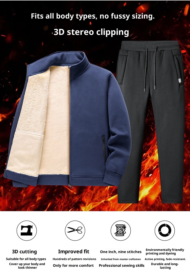 001 Fleece-Lined Thickened Lamb Wool Sports Suit For Men, Casual Stand Collar Sweatshirt, Running Nine-Point Long Pants,_voghion.com