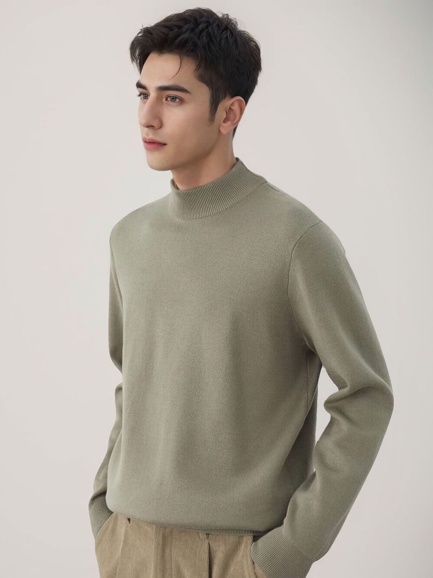 1 Maglione da uomo tinta unita 2025 Autunno Inverno Nuovo foderato in pile ispessito caldo collo medio maglietta base nera top alla moda_voghion.com