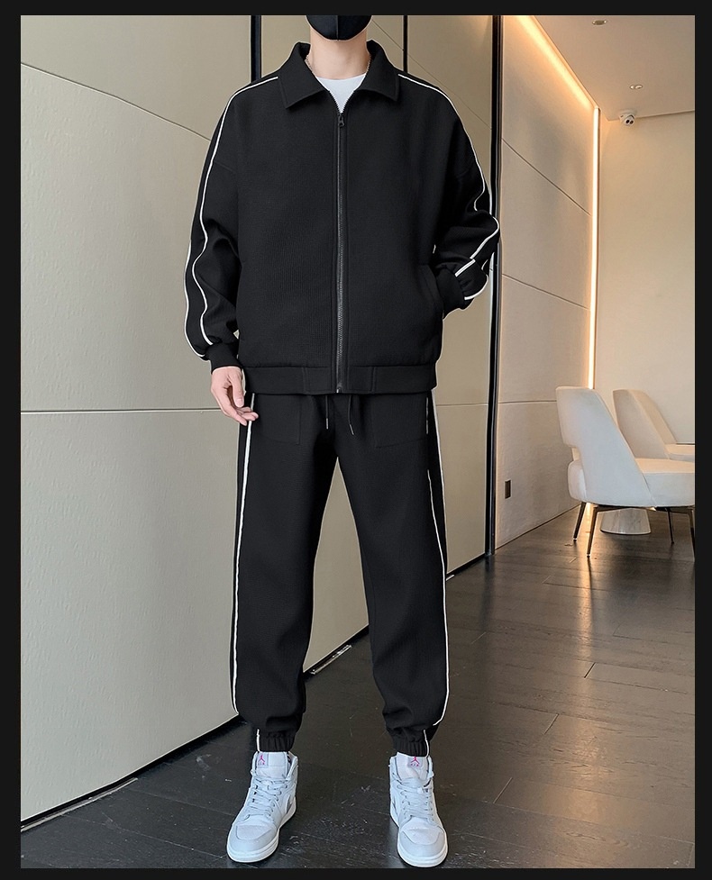 001 3D Men's Spring And Autumn Waffle Grid Casual Sports Suit Lapel Jacket Jogger Pants Two-Piece Set_voghion.com