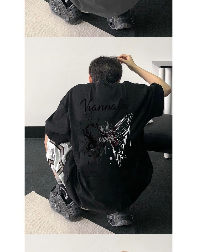 boy Boy Trendy Brand Cool Style T-Shirt For Men High-End Summer Cotton Butterfly Short American High Street Niche Five-Quarter_voghion.com