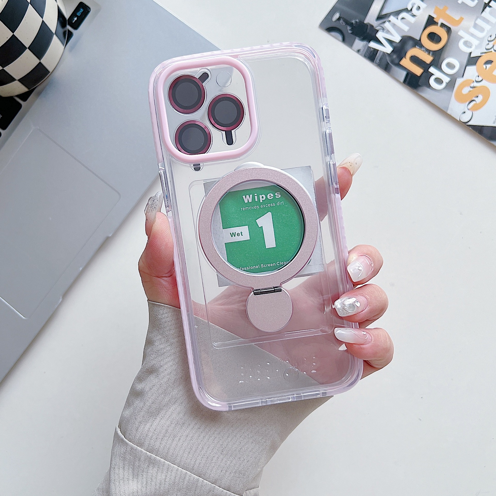 TechGlobe Rotating Stand Compatible With 17 Pro Max Magnetic Transparent Phone Case Color-Block Shockproof IPhone 16 Lens_voghion.com