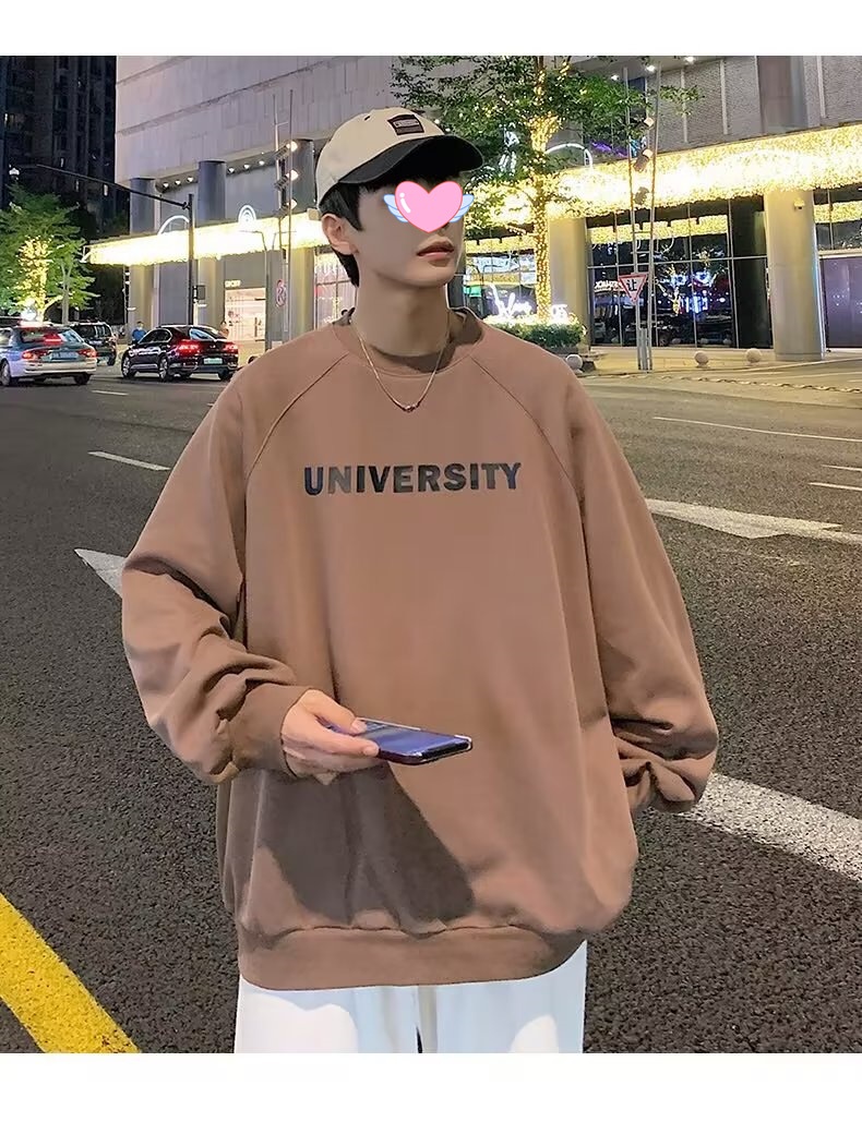 boy Men's Hoodless Crew Neck Zhongshan Sweatshirt Fleece Lined Thickened Autumn Winter Base Shirt Loose Long Sleeve T-Shirt_voghion.com