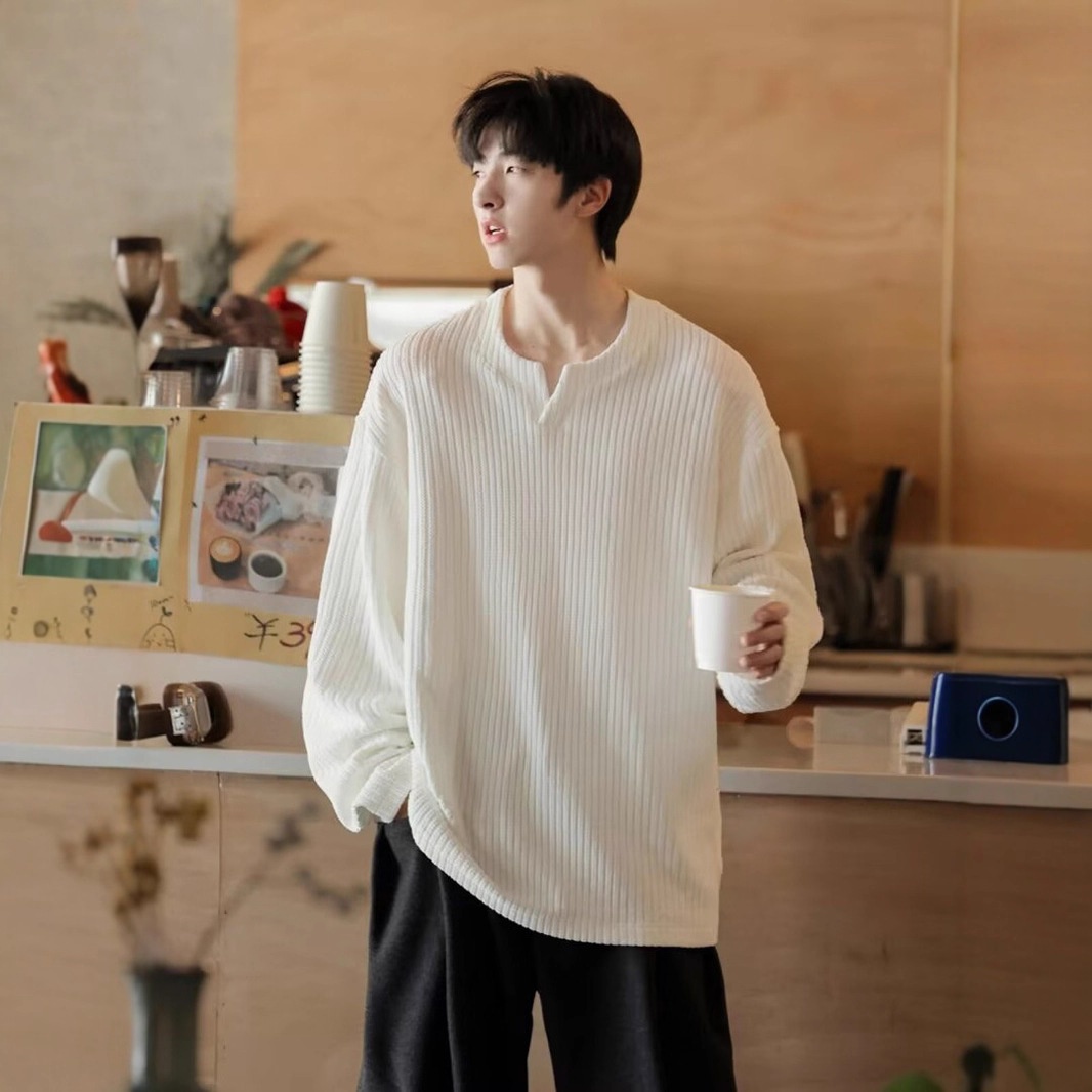 Maglietta a maniche lunghe con scollo a V e trama piccola per uomo, 2025, nuova base interna in stile coreano, stile allentato e pigro, primavera e autunno_voghion.com