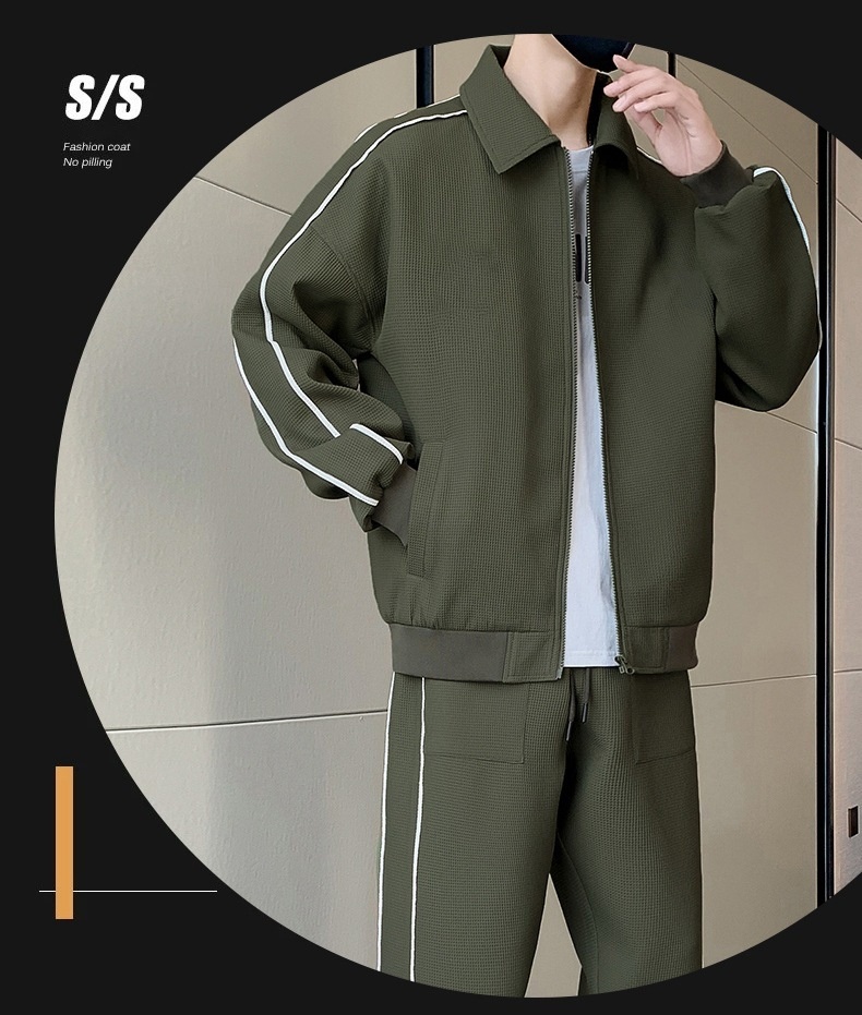 001 3D Men's Spring And Autumn Waffle Grid Casual Sports Suit Lapel Jacket Jogger Pants Two-Piece Set_voghion.com