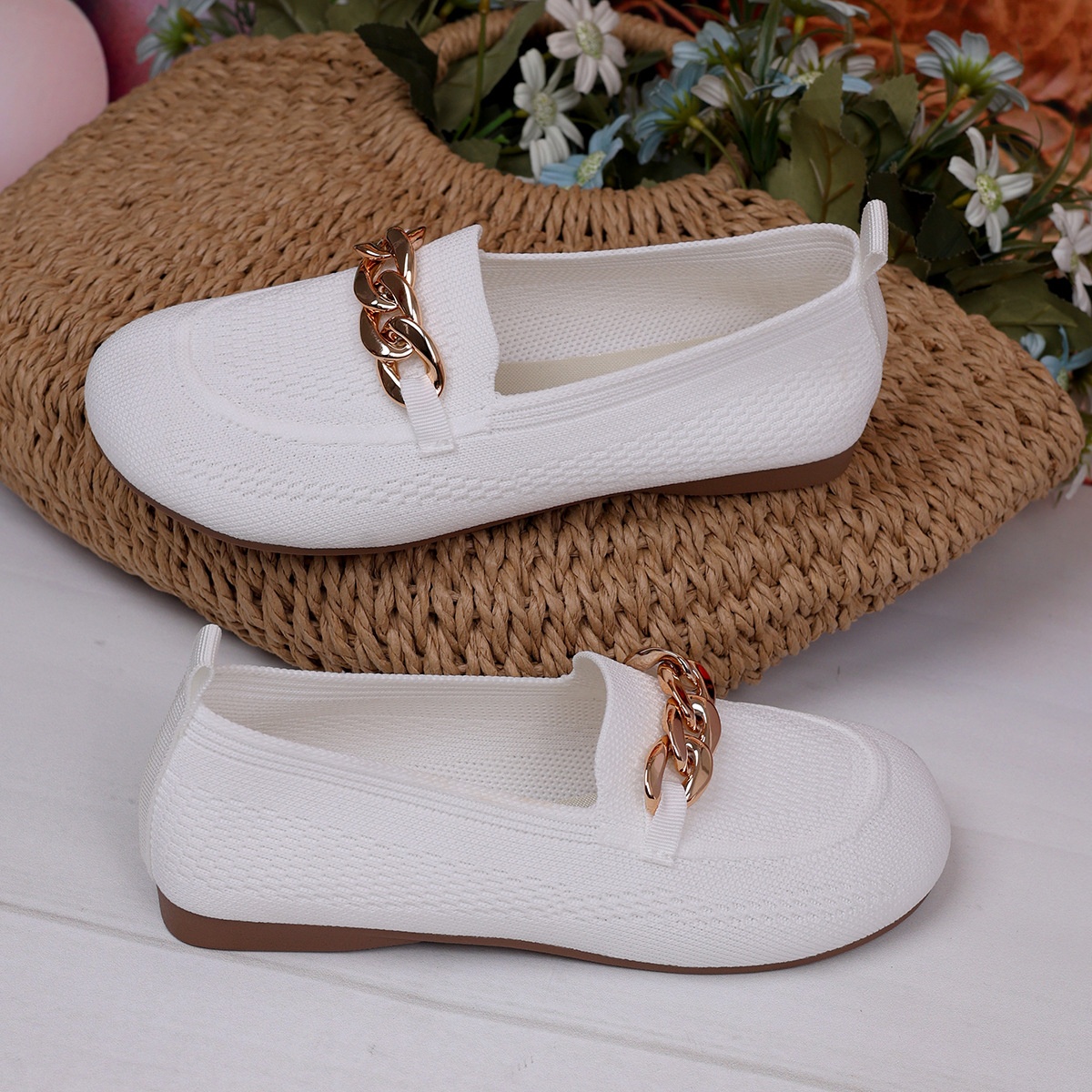 European And American Foreign Trade Large Size Chain Flat Shallow Mouth Single Shoes For Women Cross-Border Wide Toe Fly_voghion.com