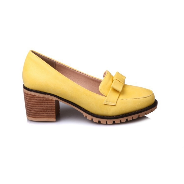 Mocassins com laço, bico redondo, abertura rasa, modelo único, salto médio, estilo europeu e americano, tamanho grande, para mulheres._voghion.com