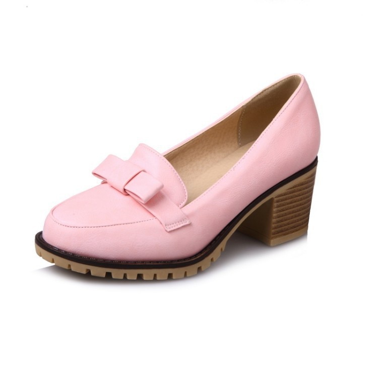 Mocassins com laço, bico redondo, abertura rasa, modelo único, salto médio, estilo europeu e americano, tamanho grande, para mulheres._voghion.com