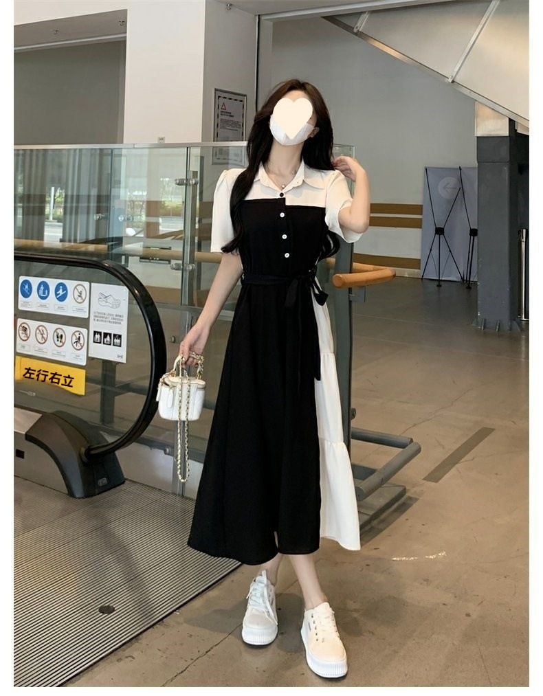 GraceChic Plus Size Color Block Patchwork Two-Piece Shirt Women Summer New For Chubby MM Waist Slimming Hepburn Style Long_voghion.com