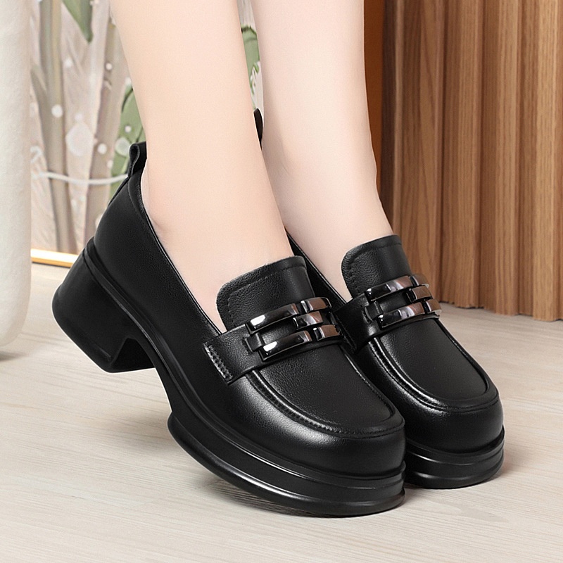 Genuine Thick-Soled Loafers 2024 Spring And Autumn Round-Toe Flat Soft Sole Slip-On Women's Mid-Cut Comfortable Leather_voghion.com