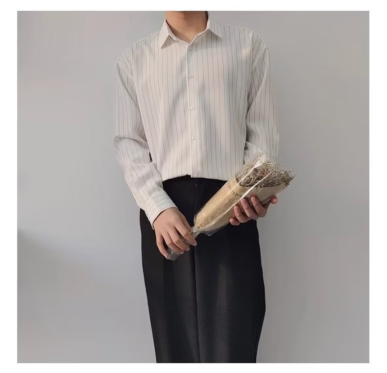 ForMen 2023 Spring Summer High-End Dark Green Striped Men Long Sleeve Loose Silky Non-Iron Casual Shirt Trendy_voghion.com