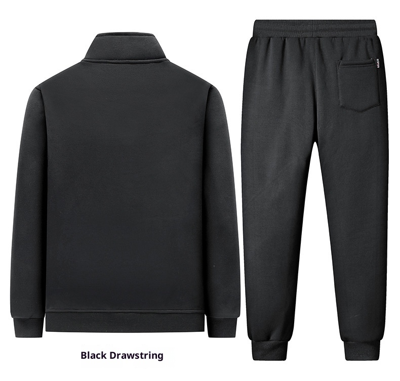 001 Fleece-Lined Thickened Lamb Wool Sports Suit For Men, Casual Stand Collar Sweatshirt, Running Nine-Point Long Pants,_voghion.com