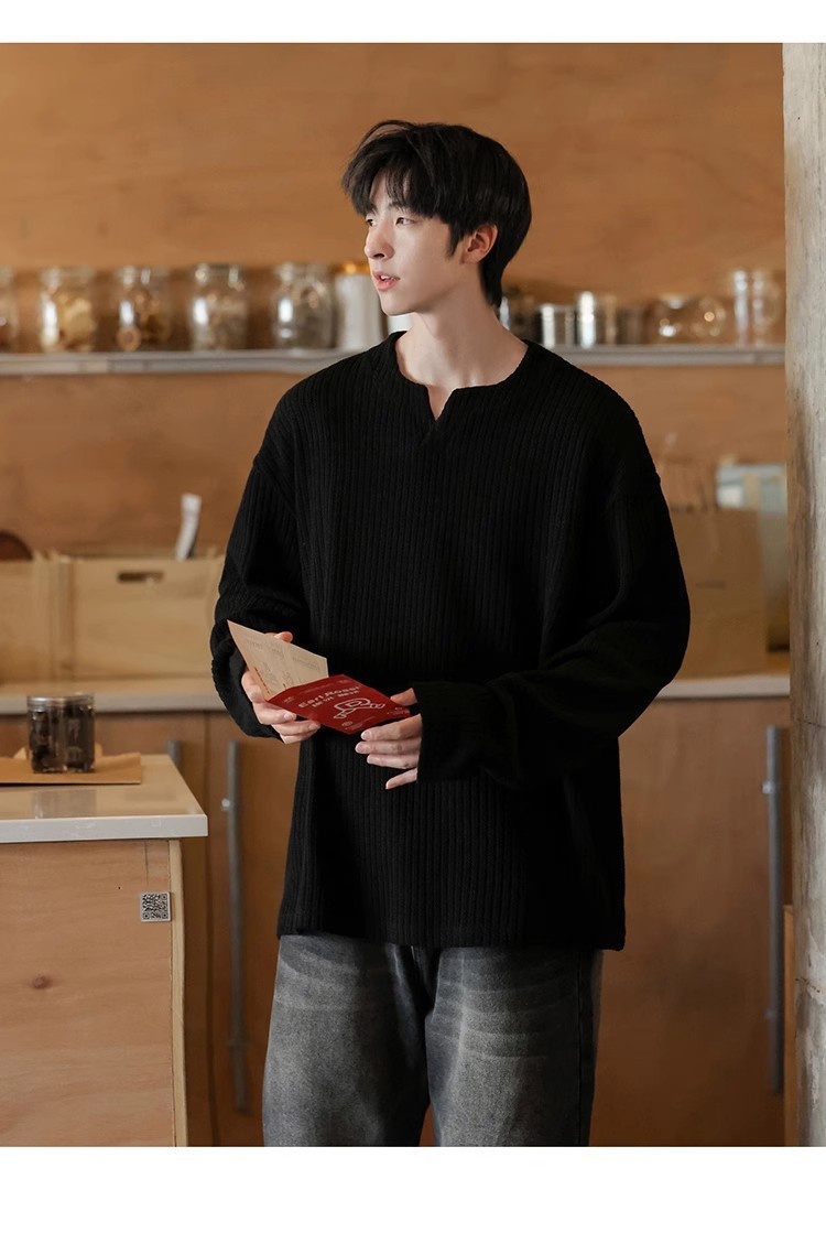 Maglietta a maniche lunghe con scollo a V e trama piccola per uomo, 2025, nuova base interna in stile coreano, stile allentato e pigro, primavera e autunno_voghion.com