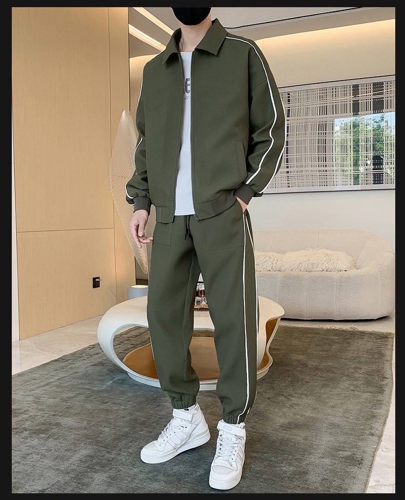 001 3D Men's Spring And Autumn Waffle Grid Casual Sports Suit Lapel Jacket Jogger Pants Two-Piece Set_voghion.com
