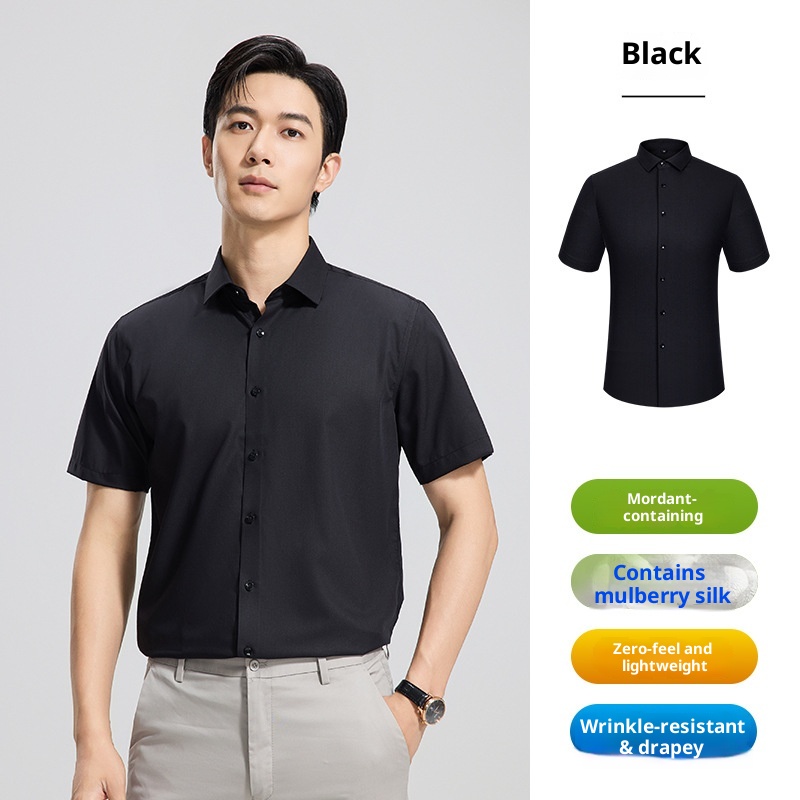 ForMen Men's Short Sleeve With Mulberry Silk, Wrinkle-Free, Professional Workwear, Summer Thin Business Shirt_voghion.com