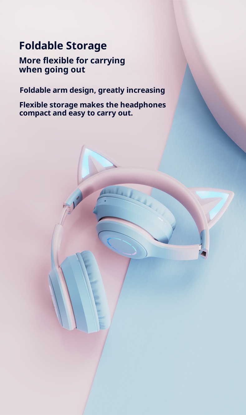 Auriculares inalámbricos Bluetooth 3c con orejas de gato, ideales para juegos, con luz, diseño degradado de color, compatibles con teléfono y ordenador._voghion.com