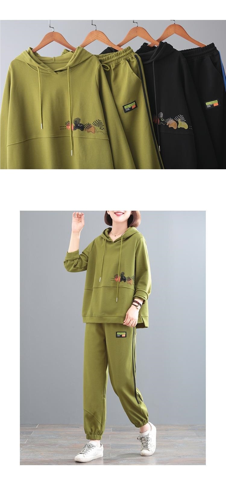 001 Autumn Winter New Fleece-Lined Thickened Korean Style Plus Size Concealing Sports Two-Piece Hooded Casual Fashion Set_voghion.com