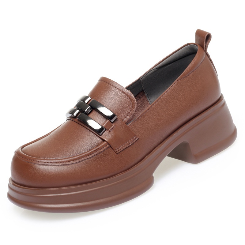 Genuine Thick-Soled Loafers 2024 Spring And Autumn Round-Toe Flat Soft Sole Slip-On Women's Mid-Cut Comfortable Leather_voghion.com