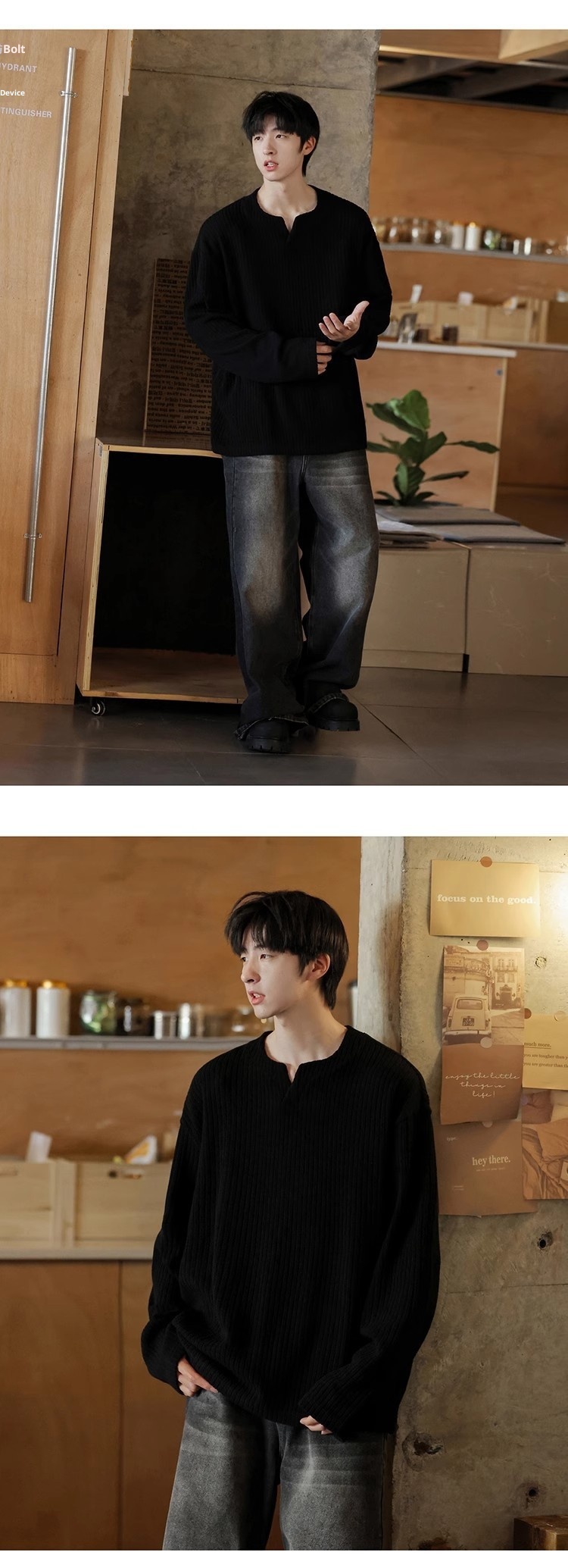 Maglietta a maniche lunghe con scollo a V e trama piccola per uomo, 2025, nuova base interna in stile coreano, stile allentato e pigro, primavera e autunno_voghion.com