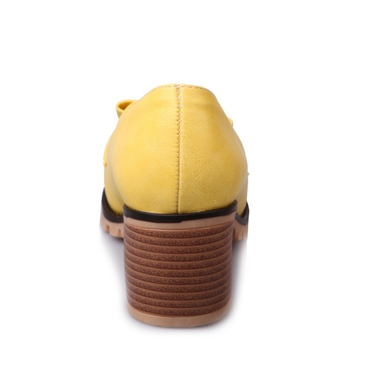 Mocassins com laço, bico redondo, abertura rasa, modelo único, salto médio, estilo europeu e americano, tamanho grande, para mulheres._voghion.com