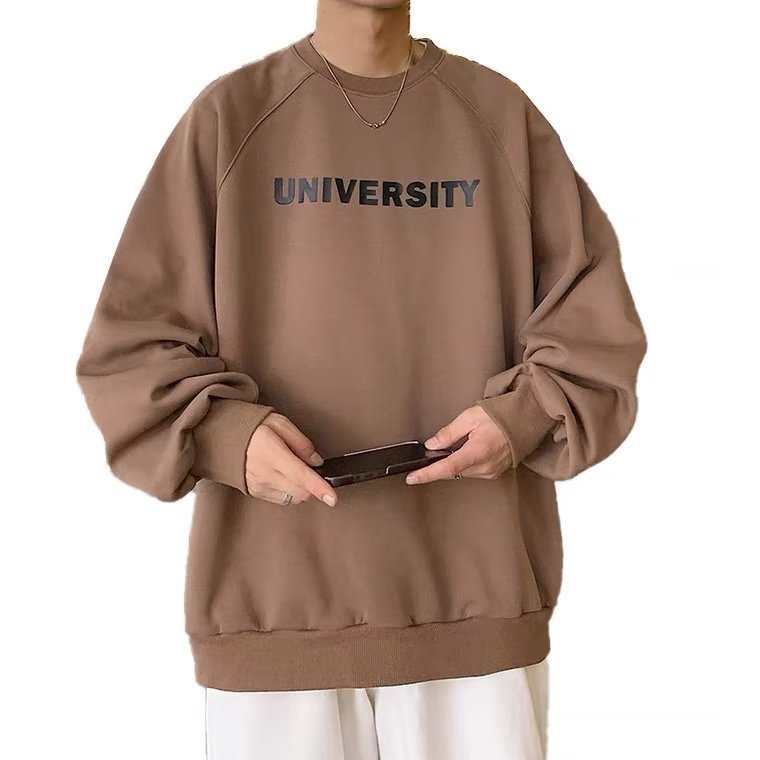 boy Men's Hoodless Crew Neck Zhongshan Sweatshirt Fleece Lined Thickened Autumn Winter Base Shirt Loose Long Sleeve T-Shirt_voghion.com