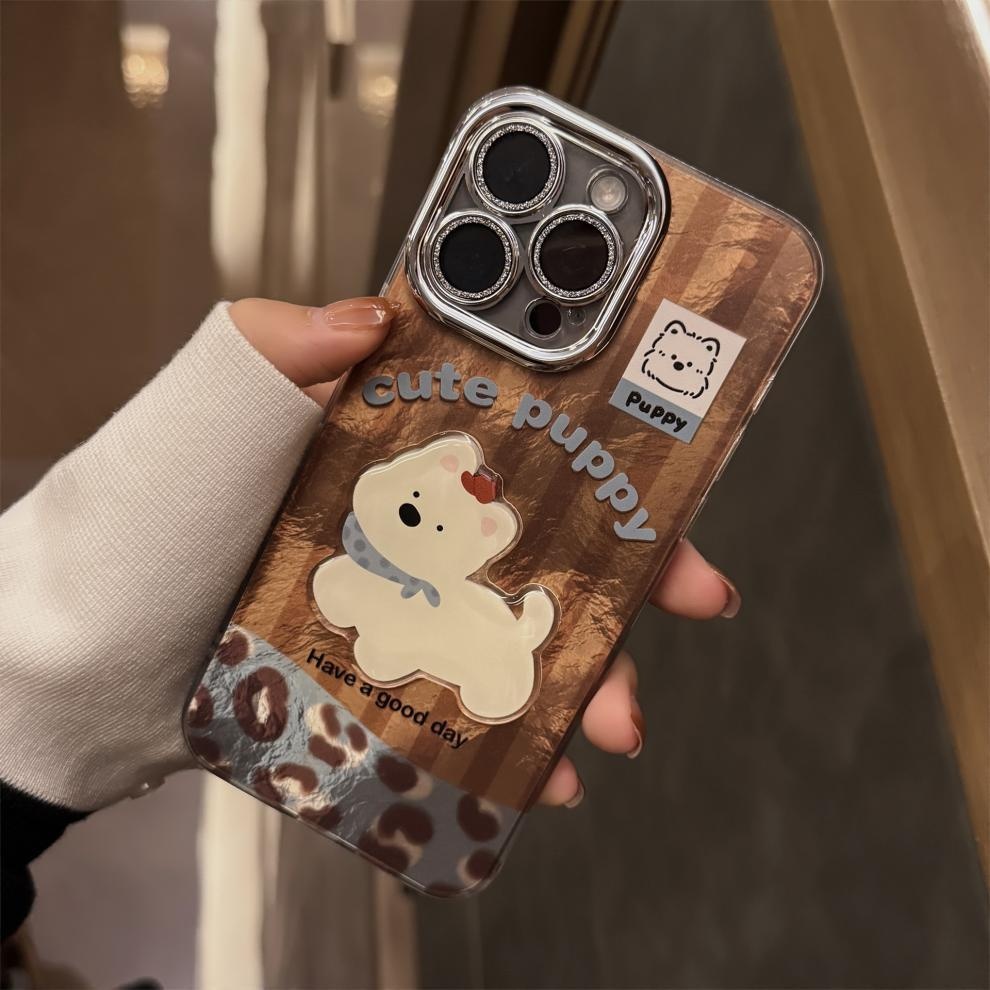 Étui TechGlobe compatible iPhone 16, iPhone 15 Pro Max, coutures apparentes, West Highland, cordon imprimé léopard, paillettes rétro._voghion.com