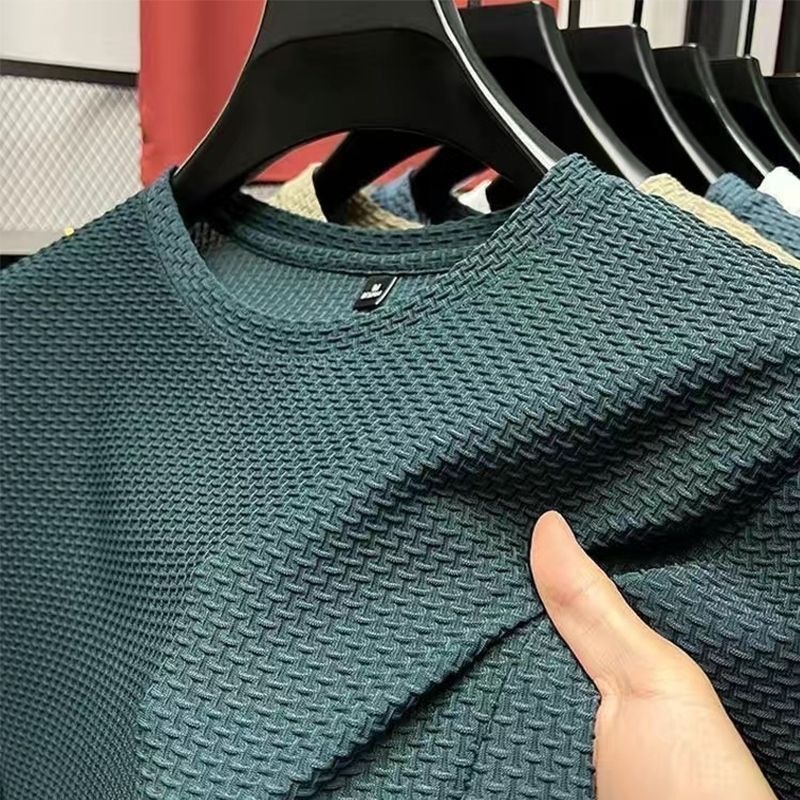 Maglietta da uomo in seta ghiacciata, manica corta, 2025, nuova estate, in jacquard di bambù, traspirante, elasticizzata, versatile_voghion.com