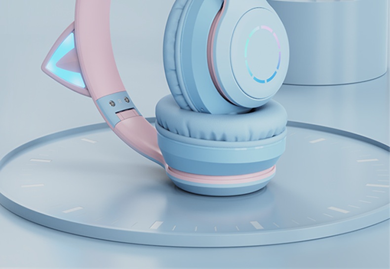 Auriculares inalámbricos Bluetooth 3c con orejas de gato, ideales para juegos, con luz, diseño degradado de color, compatibles con teléfono y ordenador._voghion.com