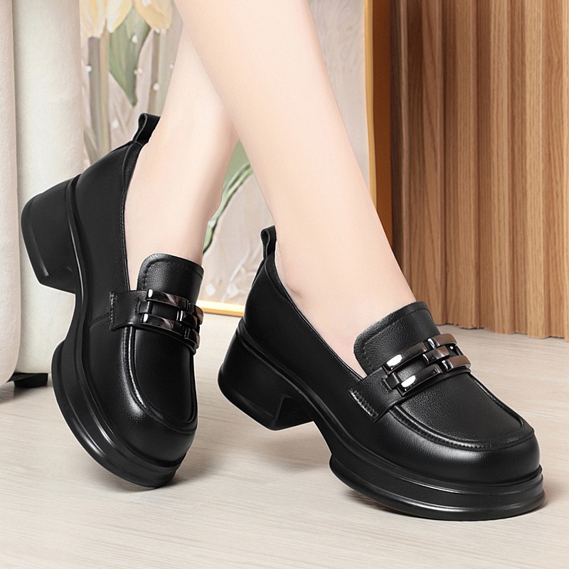 Genuine Thick-Soled Loafers 2024 Spring And Autumn Round-Toe Flat Soft Sole Slip-On Women's Mid-Cut Comfortable Leather_voghion.com