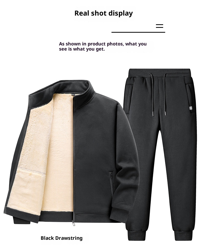 001 Fleece-Lined Thickened Lamb Wool Sports Suit For Men, Casual Stand Collar Sweatshirt, Running Nine-Point Long Pants,_voghion.com