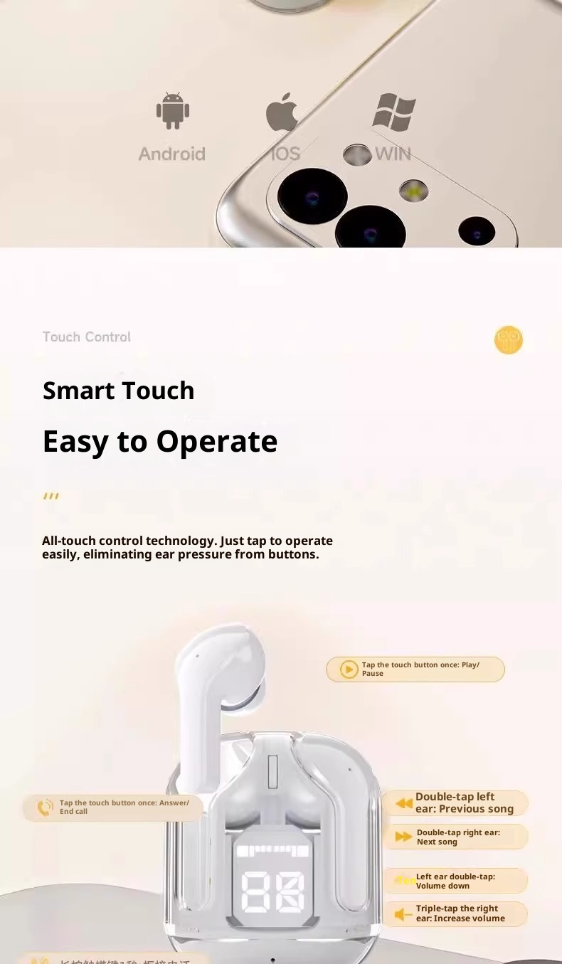 3c 2025 New Transparent Digital Display XT16 Wireless Cross-border AI31 Bluetooth Earphones Noise Reduction_voghion.com