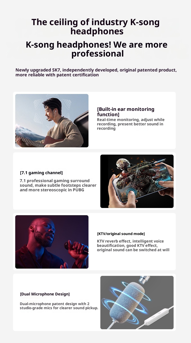 Cuffie cablate con scheda SK7 3c con ritorno auricolare, accompagnamento Bluetooth, streaming live, canto, riverbero, effetti sonori, giochi 7.1_voghion.com