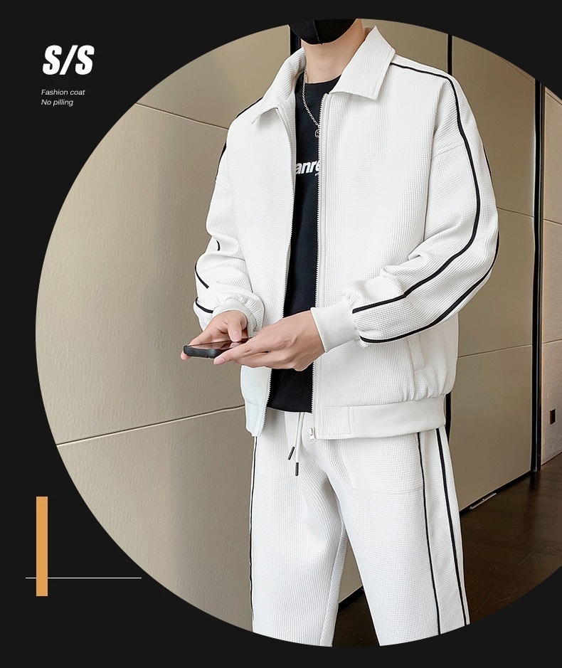 001 3D Men's Spring And Autumn Waffle Grid Casual Sports Suit Lapel Jacket Jogger Pants Two-Piece Set_voghion.com