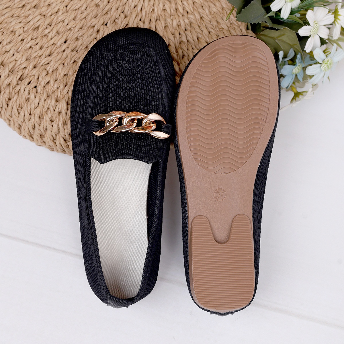 European And American Foreign Trade Large Size Chain Flat Shallow Mouth Single Shoes For Women Cross-Border Wide Toe Fly_voghion.com
