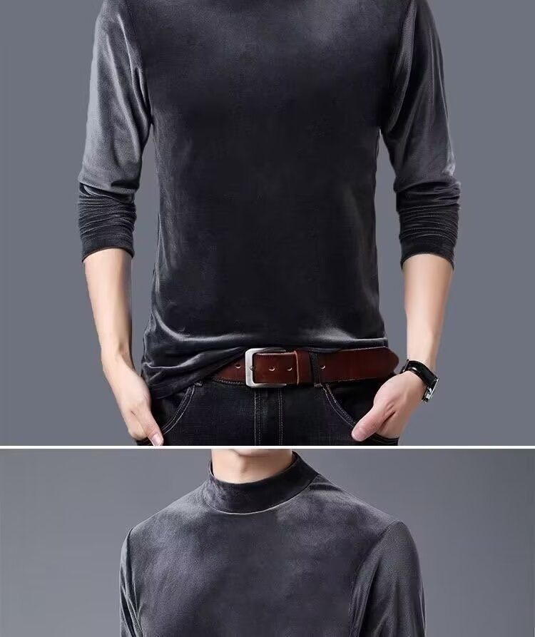 Maglietta a maniche lunghe in velluto, strato di base termico, per autunno e inverno, da uomo, con fodera in pile, spessa e a collo alto_voghion.com