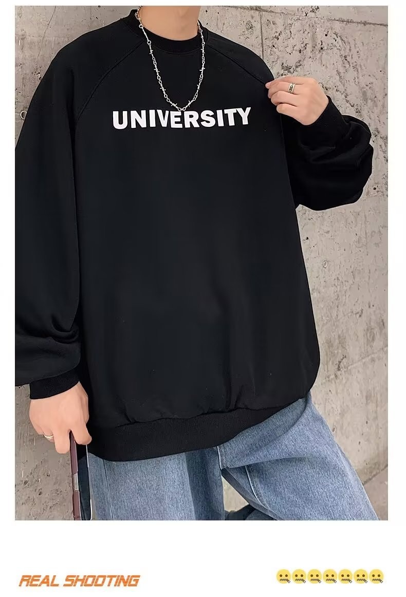 boy Men's Hoodless Crew Neck Zhongshan Sweatshirt Fleece Lined Thickened Autumn Winter Base Shirt Loose Long Sleeve T-Shirt_voghion.com