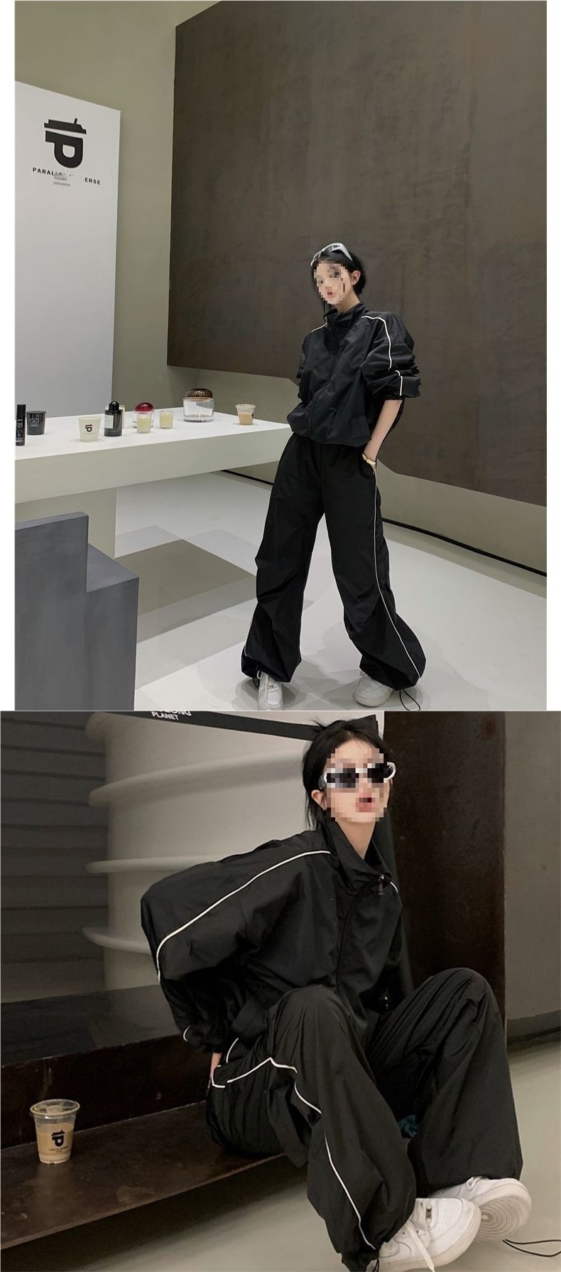 001 Black Tracksuit For Women, Autumn Trendy American Style Casual Loose Slimming Jacket And Wide-Leg Pants Two-Piece Set_voghion.com