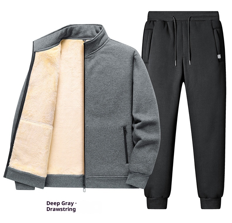 001 Fleece-Lined Thickened Lamb Wool Sports Suit For Men, Casual Stand Collar Sweatshirt, Running Nine-Point Long Pants,_voghion.com