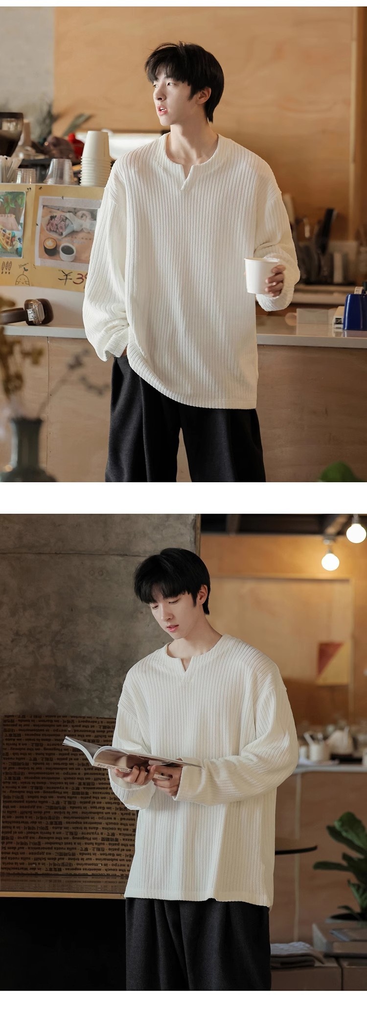 Maglietta a maniche lunghe con scollo a V e trama piccola per uomo, 2025, nuova base interna in stile coreano, stile allentato e pigro, primavera e autunno_voghion.com