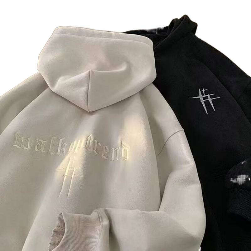 boy Heavyweight Suede Embroidered Sweatshirt For Men, Autumn American Trendy Brand Versatile Hoodie, High Street Lazy Style_voghion.com