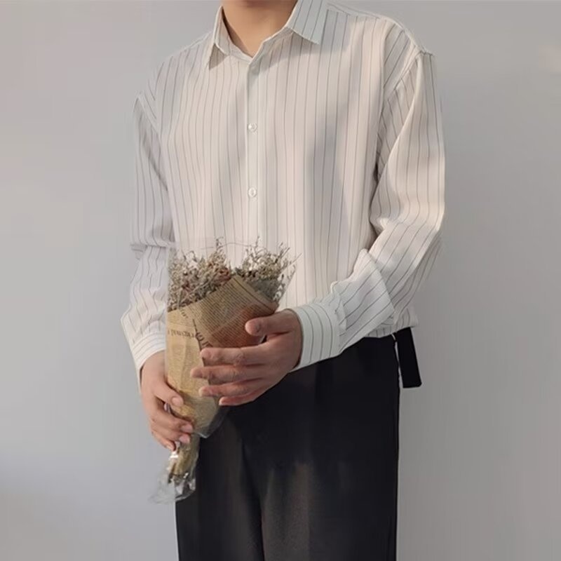 ForMen 2023 Spring Summer High-End Dark Green Striped Men Long Sleeve Loose Silky Non-Iron Casual Shirt Trendy_voghion.com