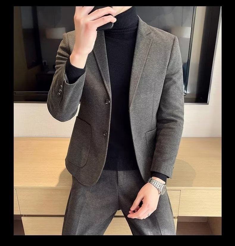 1 Yeni Küçük Yün Ceket Erkek Üstü İlkbahar ve Sonbahar Moda İş Günlük Resmi Takım Elbise Erkek_voghion.com