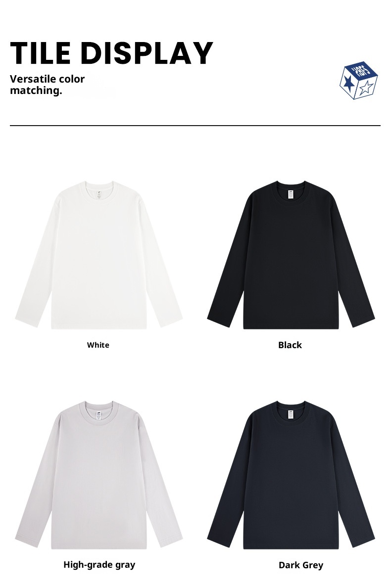 Boy Boy 230g Sonbahar Xinjiang Penye Pamuklu Ağır Sıklet Yuvarlak Yaka Düz Renk Uzun Kollu Erkek Tişörtü Bol Tabanlı Gömlek Bir_voghion.com