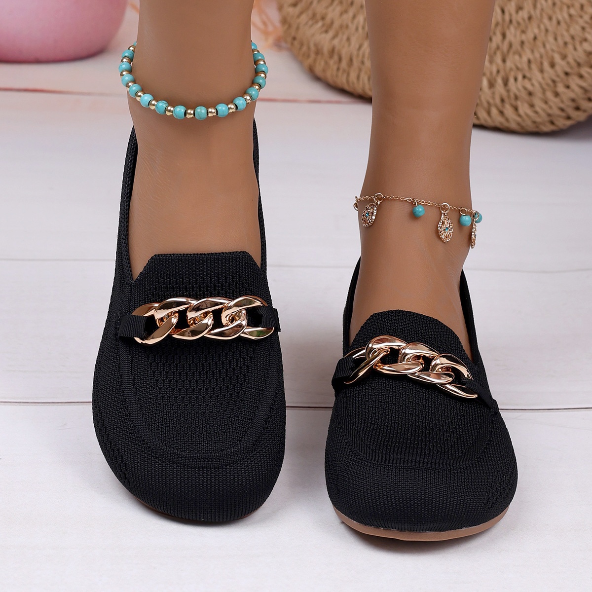 European And American Foreign Trade Large Size Chain Flat Shallow Mouth Single Shoes For Women Cross-Border Wide Toe Fly_voghion.com