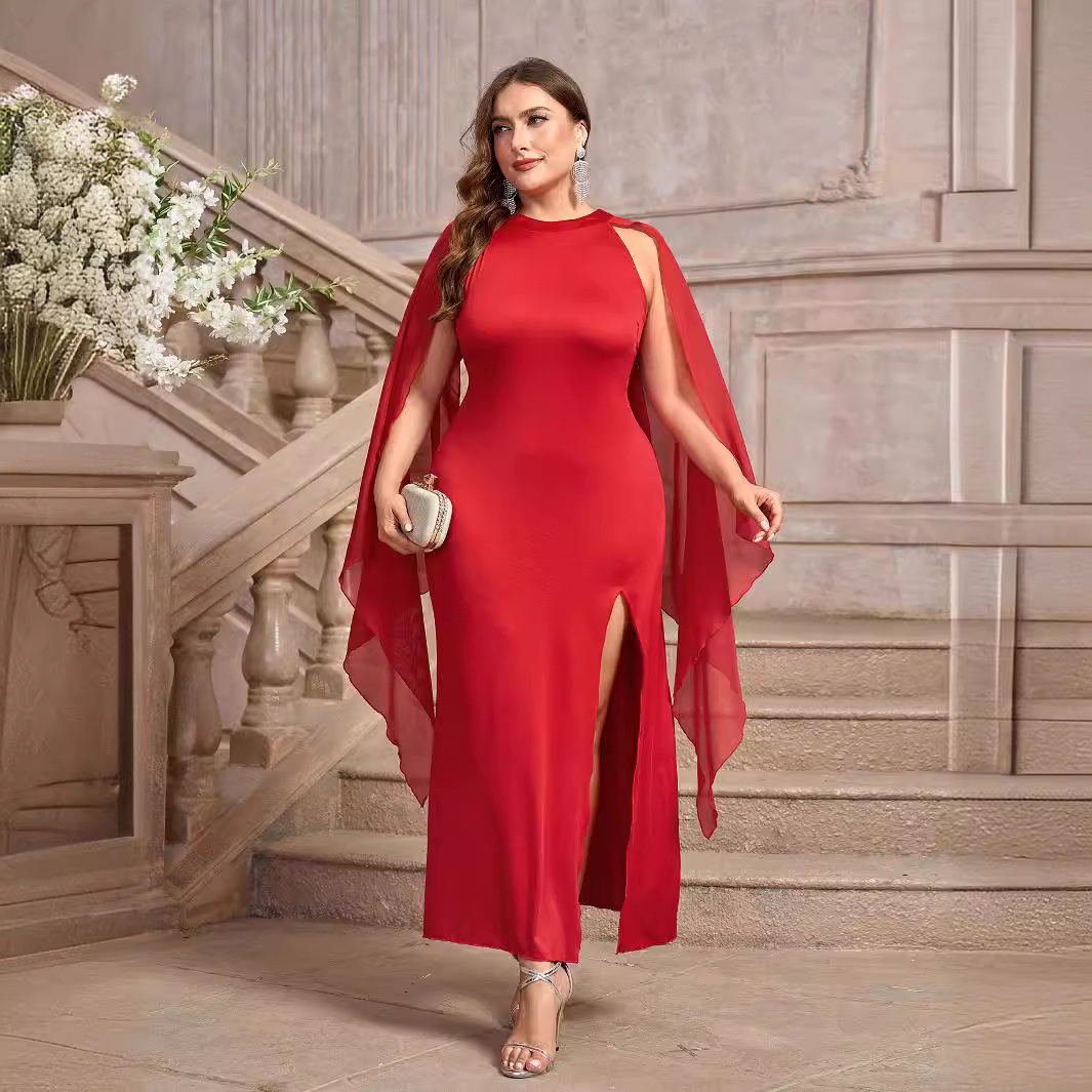 GraceChic Cross-Border New Women's Fashion European And American Foreign Trade Plus Size Gown Solid Color Slim Fit Party Dress_voghion.com