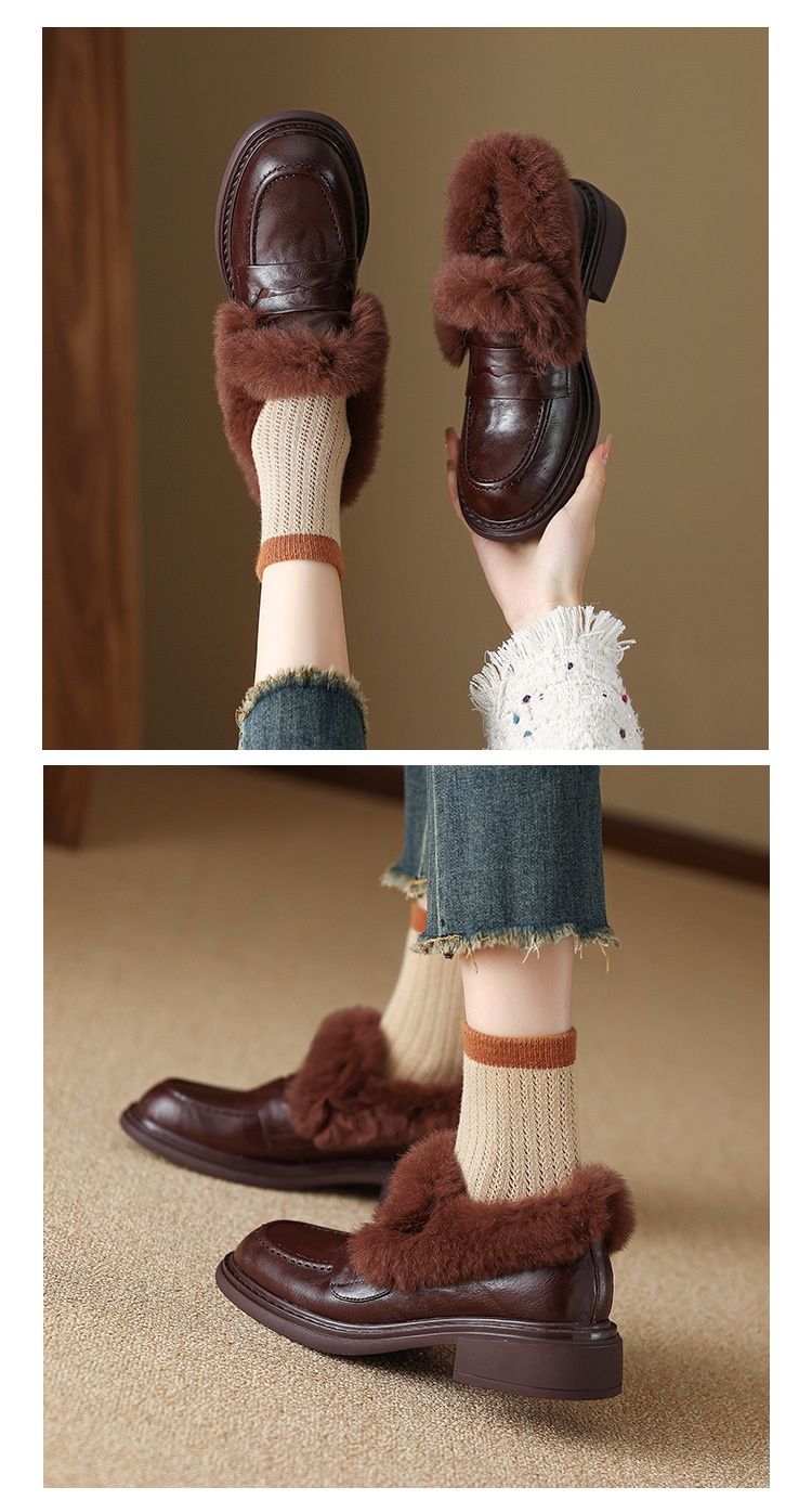 European And American Style Chunky Mid-Heel Deep Mouth Single Shoes For Women New Winter Round Toe Fleece-Lined_voghion.com