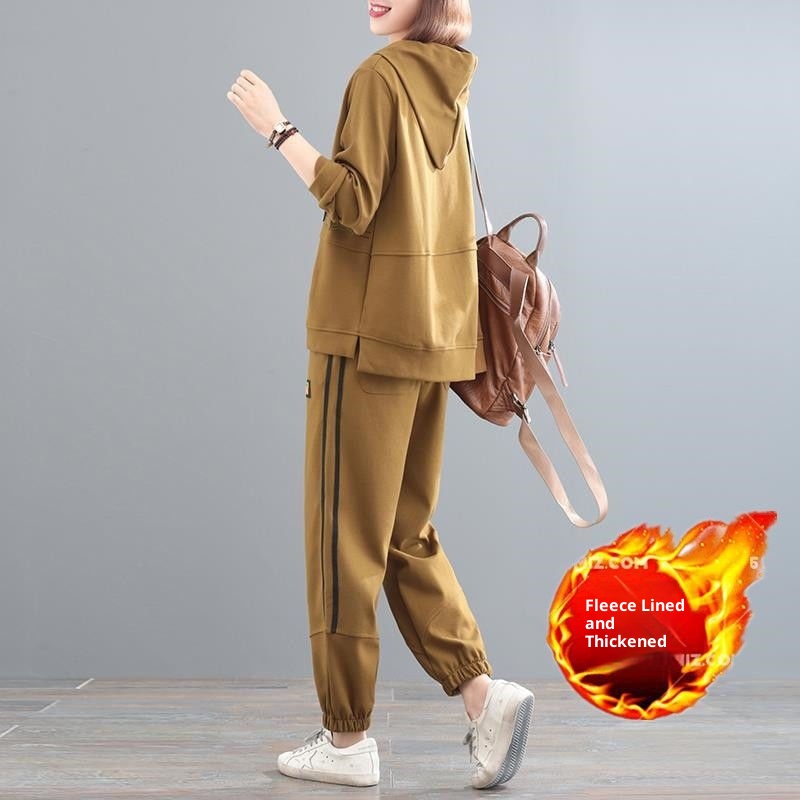001 Autumn Winter New Fleece-Lined Thickened Korean Style Plus Size Concealing Sports Two-Piece Hooded Casual Fashion Set_voghion.com