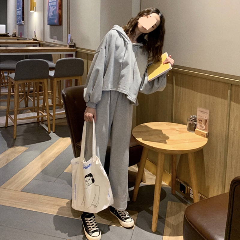 001 2025 Primavera e autunno stile coreano da donna sportivo casual felpa con cappuccio a maniche lunghe pantaloni larghi gamba moda_voghion.com